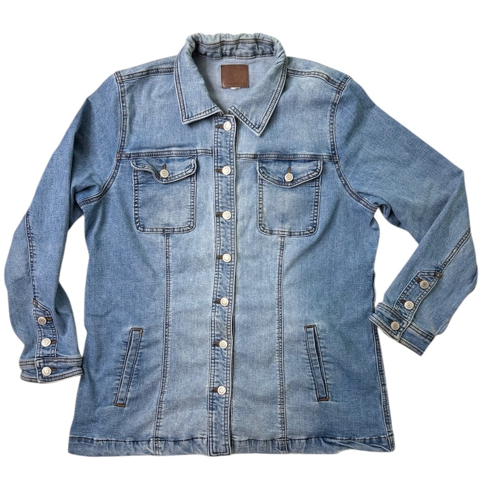 Maurices Womens XXL M Wash Denim Jacket Stretch Button Front Longline Trucker